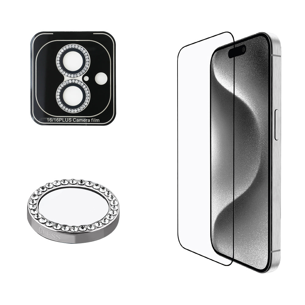 Guess iPhone 16 Plus Orjinal Lisanslı Rhinestone Ekran Koruyucu + Lens Koruyucu 2in1 Aksesuar Seti