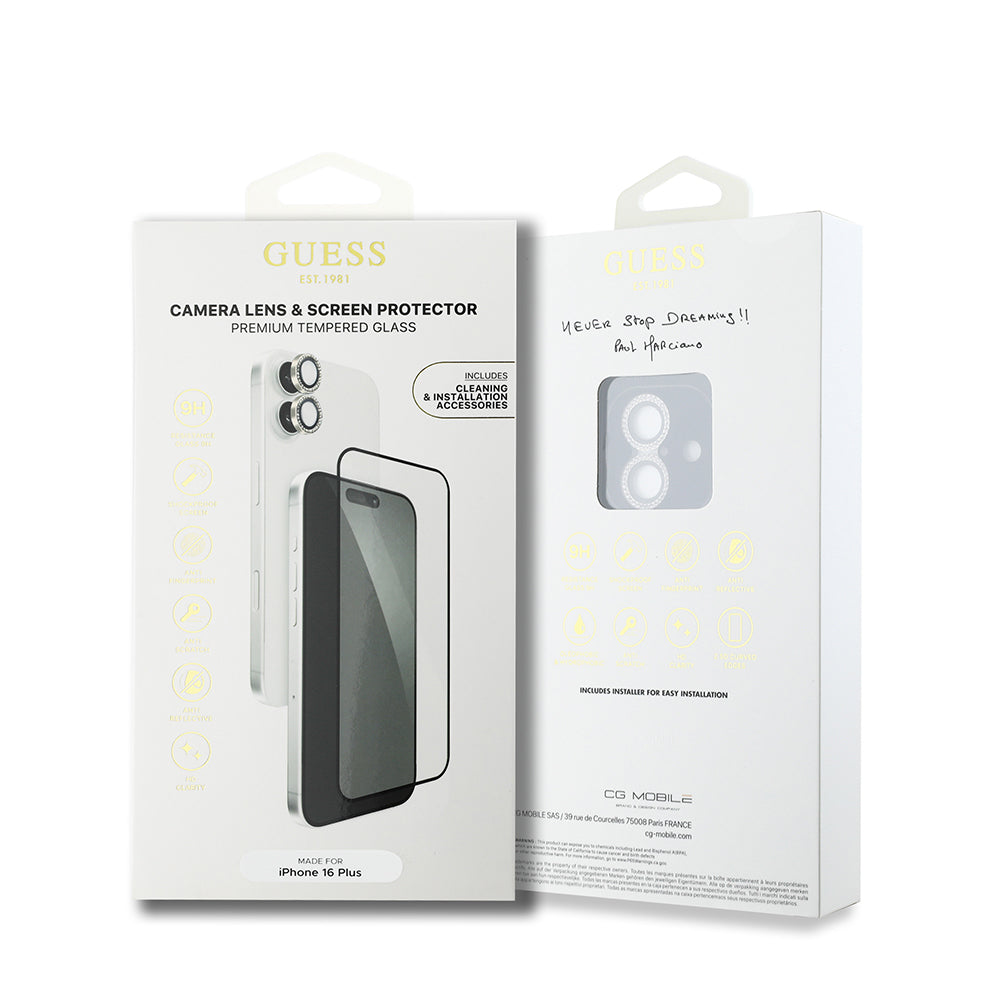 Guess iPhone 16 Plus Orjinal Lisanslı Rhinestone Ekran Koruyucu + Lens Koruyucu 2in1 Aksesuar Seti