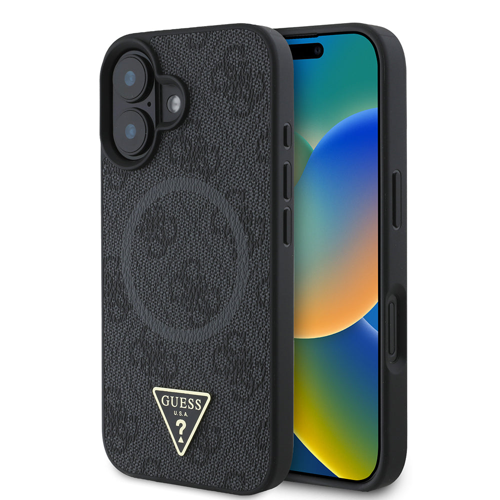 Guess iPhone 16 Plus Orjinal Lisanslı Magsafe Şarj Özellikli PU Üçgen Logo 4G Desenli Telefon Kılıfı-1