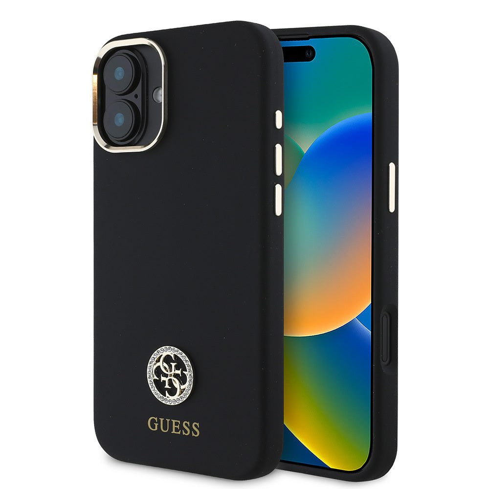 Guess iPhone 16 Plus Orjinal Lisanslı Yazı ve Taşlı 4G Logolu Metal Kamera Çerçeveli Silikon Telefon Kılıfı-1