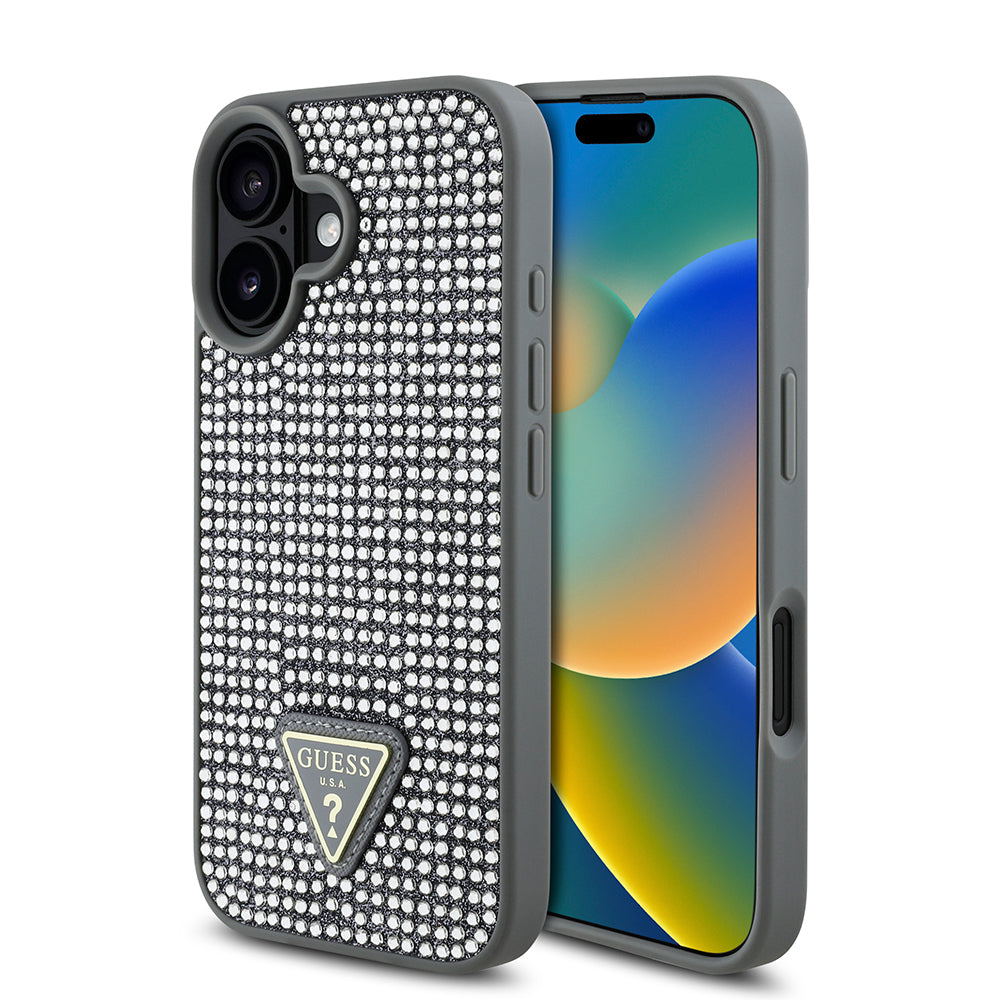 Guess iPhone 16 Plus Orjinal Lisanslı Taşlı Arka Yüzey Üçgen Logolu Telefon Kılıfı-1