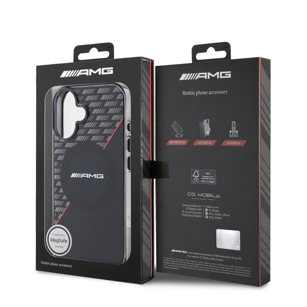 AMG iPhone 16 Plus Orjinal Lisanslı M-safe Şarj Özellikli Çift Katmanlı Kırmızı Çapraz Çizgili Kılıf