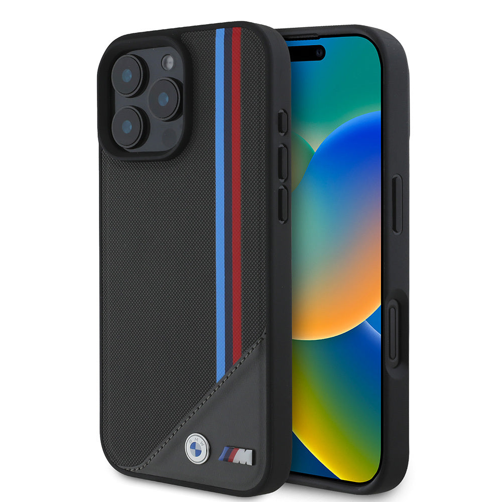 BMW iPhone 16 Plus Orjinal Lisanslı Magsafe Şarj Özellikli M Logolu Üç Çizgili Dikiş Detaylı Meshed Tricolor Stripes Telefon Kılıfı-1