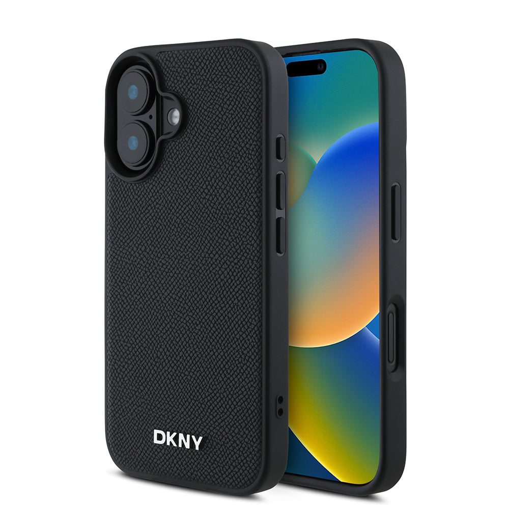 DKNY iPhone 16 Plus Orjinal Lisanslı M-safe Şarj Özellikli Metal Logolu PU Deri Grained Kılıf