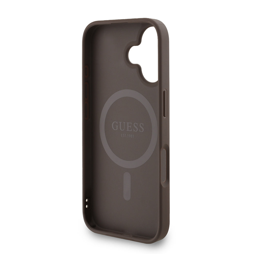 Guess iPhone 16 Plus Orjinal Lisanslı Magsafe PU Deri Bilek Askı İpli Yazı Logolu Telefon Kılıfı