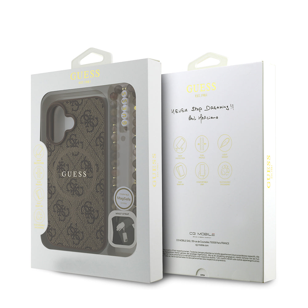Guess iPhone 16 Plus Orjinal Lisanslı Magsafe PU Deri Bilek Askı İpli Yazı Logolu Telefon Kılıfı