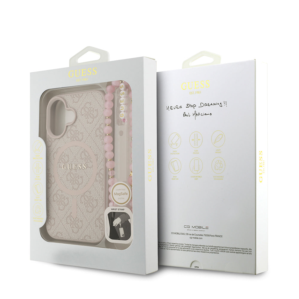 Guess iPhone 16 Plus Orjinal Lisanslı Magsafe PU Deri Bilek Askı İpli Yazı Logolu Telefon Kılıfı