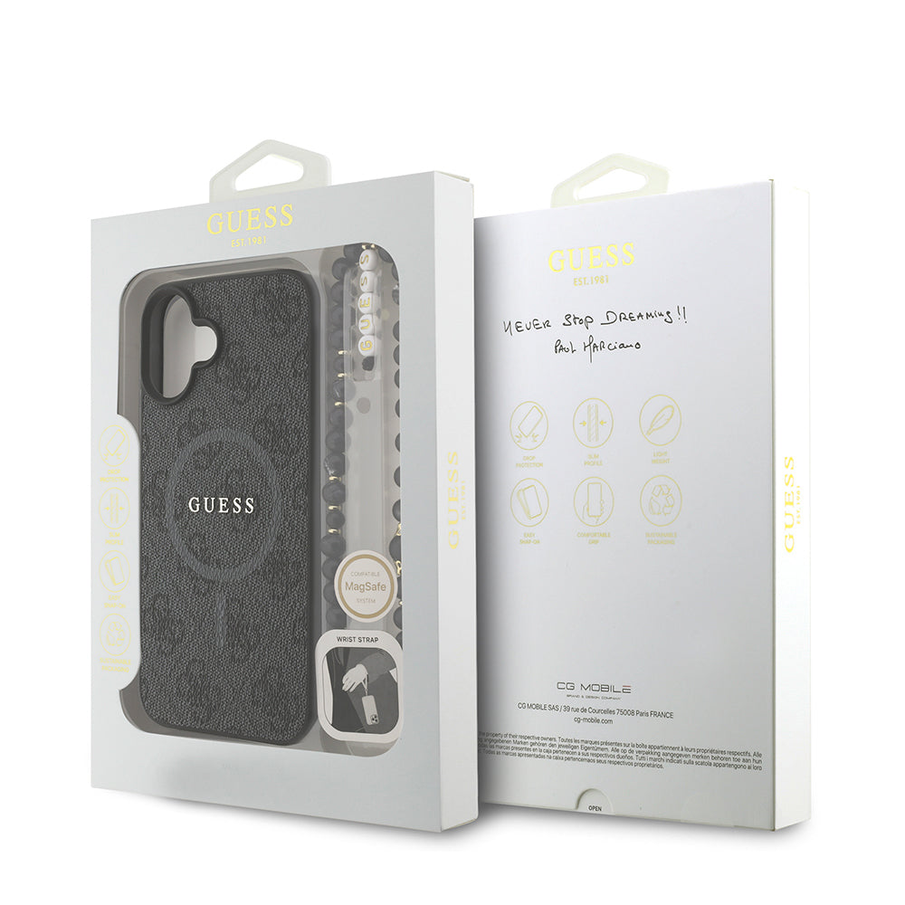 Guess iPhone 16 Plus Orjinal Lisanslı Magsafe PU Deri Bilek Askı İpli Yazı Logolu Telefon Kılıfı
