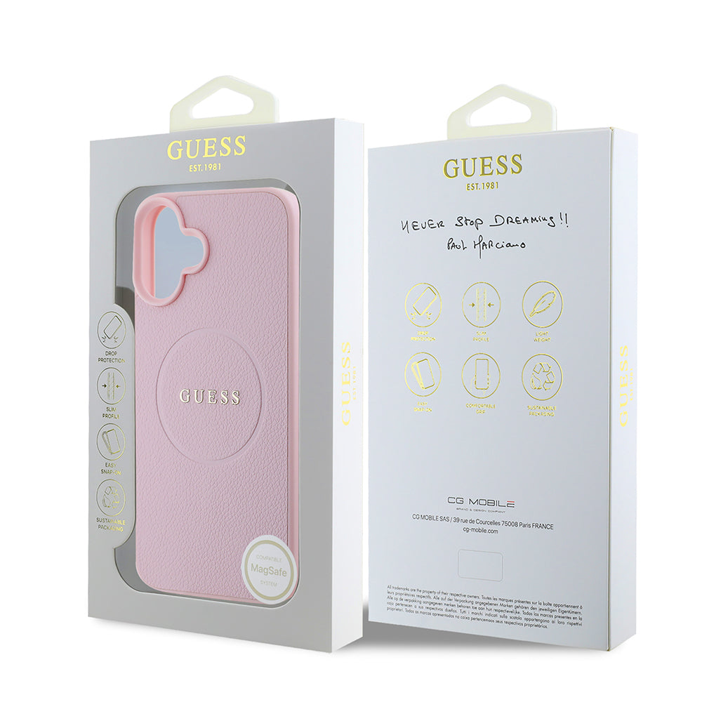 Guess iPhone 16 Plus Orjinal Lisanslı Magsafe Şarj Özellikli Yazı Logolu Grained Telefon Kılıfı