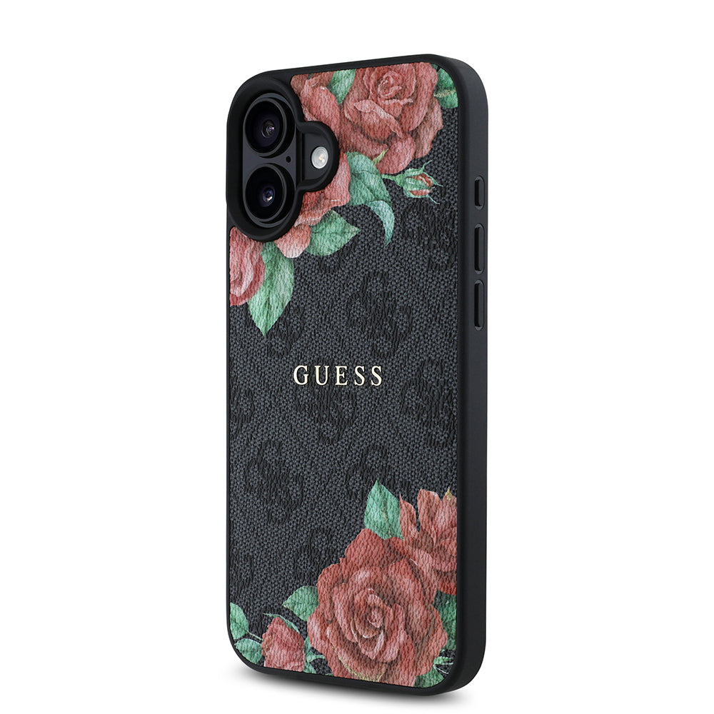 Guess iPhone 16 Plus Orjinal Lisanslı M-safe Şarj Özellikli Gül Baskılı 4G Desenli Yazı Logolu Kılıf
