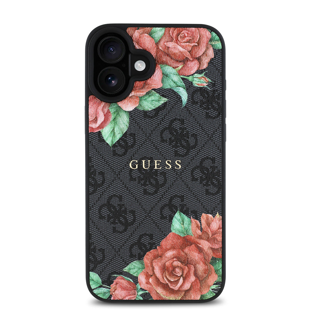 Guess iPhone 16 Plus Orjinal Lisanslı M-safe Şarj Özellikli Gül Baskılı 4G Desenli Yazı Logolu Kılıf