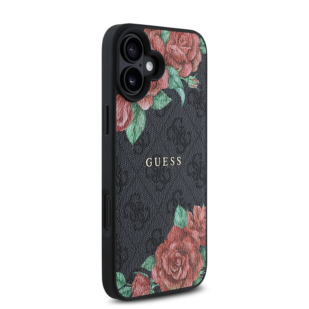 Guess iPhone 16 Plus Orjinal Lisanslı M-safe Şarj Özellikli Gül Baskılı 4G Desenli Yazı Logolu Kılıf