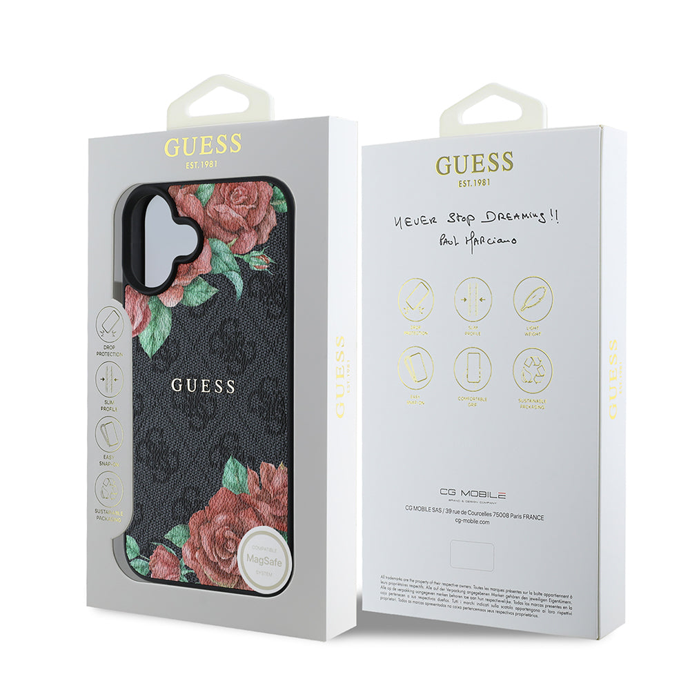 Guess iPhone 16 Plus Orjinal Lisanslı M-safe Şarj Özellikli Gül Baskılı 4G Desenli Yazı Logolu Kılıf