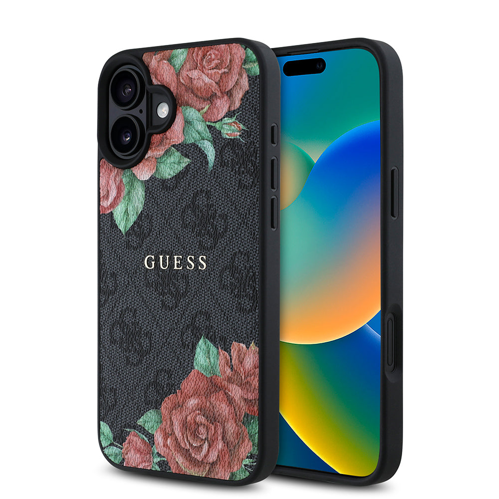 Guess iPhone 16 Plus Orjinal Lisanslı M-safe Şarj Özellikli Gül Baskılı 4G Desenli Yazı Logolu Kılıf