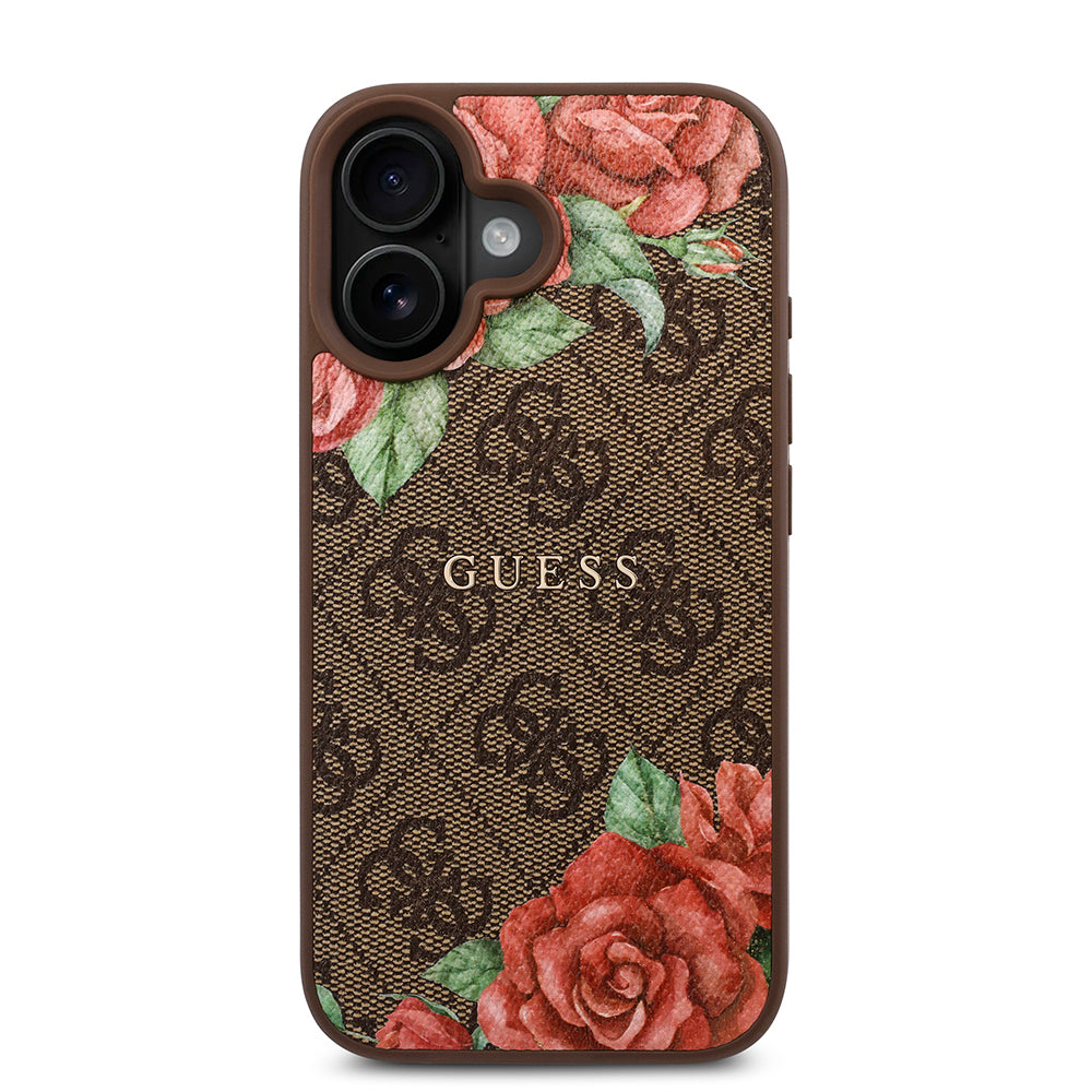 Guess iPhone 16 Plus Orjinal Lisanslı M-safe Şarj Özellikli Gül Baskılı 4G Desenli Yazı Logolu Kılıf