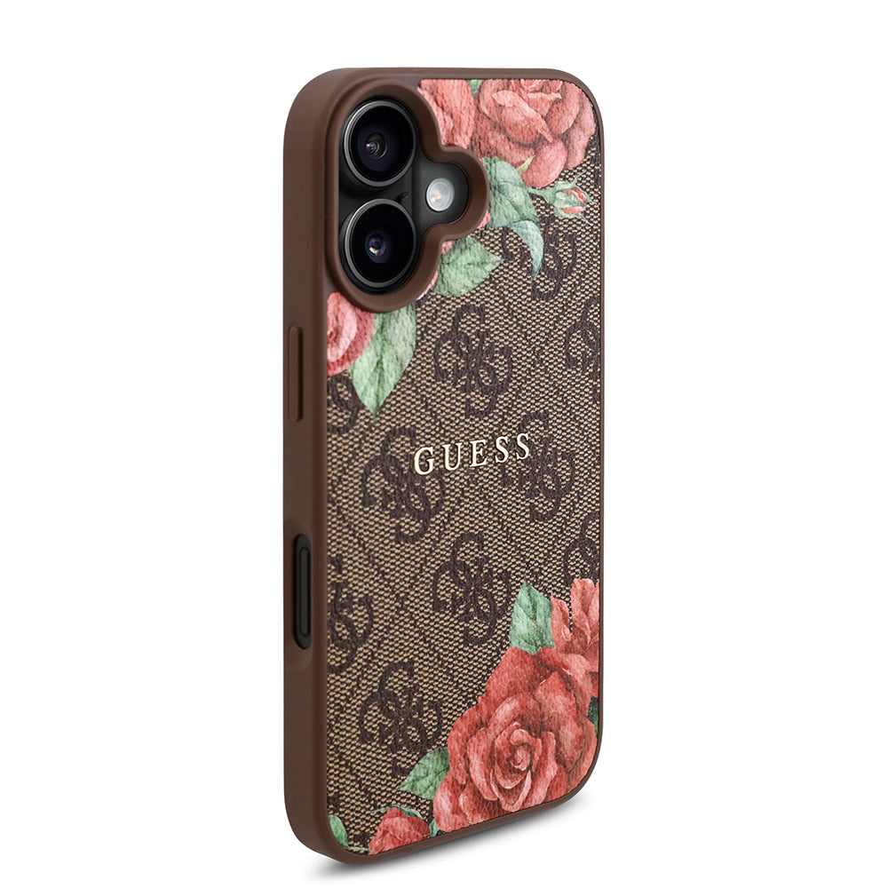 Guess iPhone 16 Plus Orjinal Lisanslı M-safe Şarj Özellikli Gül Baskılı 4G Desenli Yazı Logolu Kılıf