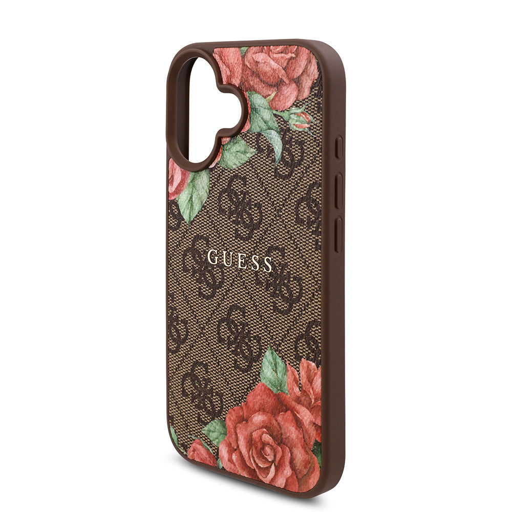 Guess iPhone 16 Plus Orjinal Lisanslı M-safe Şarj Özellikli Gül Baskılı 4G Desenli Yazı Logolu Kılıf