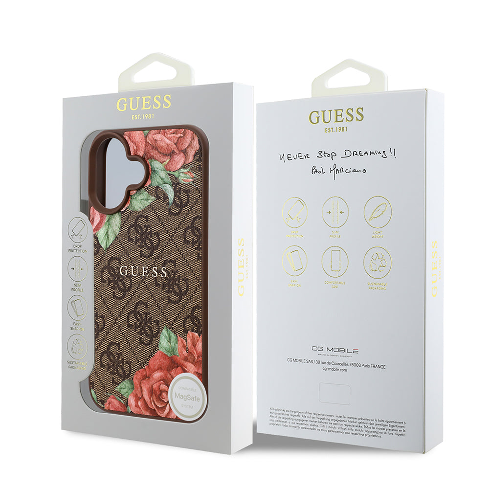 Guess iPhone 16 Plus Orjinal Lisanslı M-safe Şarj Özellikli Gül Baskılı 4G Desenli Yazı Logolu Kılıf