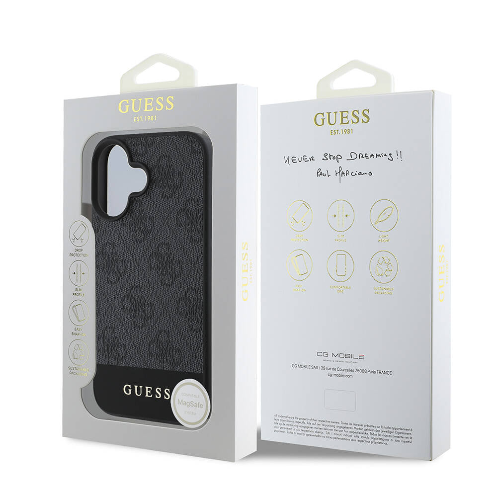 Guess iPhone 16 Plus Orjinal Lisanslı Magsafe Şarj Özellikli PU Deri Şerit Logo Dizaynlı Telefon Kılıfı