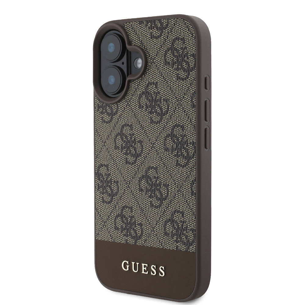 Guess iPhone 16 Plus Orjinal Lisanslı Magsafe Şarj Özellikli PU Deri Şerit Logo Dizaynlı Telefon Kılıfı