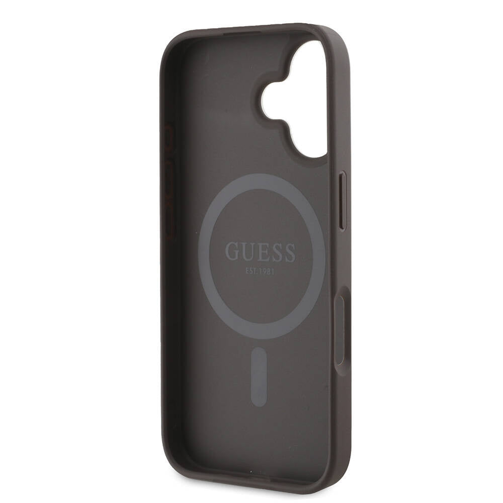 Guess iPhone 16 Plus Orjinal Lisanslı Magsafe Şarj Özellikli PU Deri Şerit Logo Dizaynlı Telefon Kılıfı