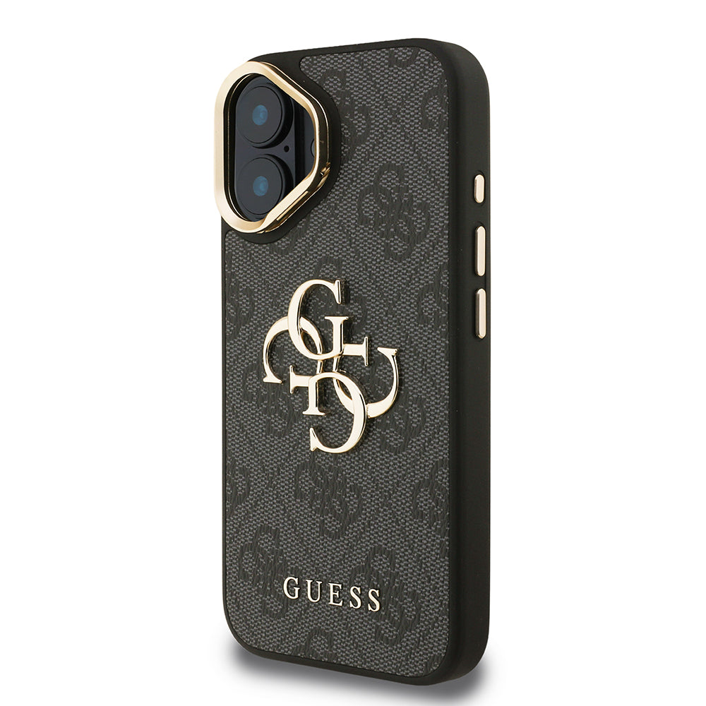 Guess iPhone 16 Plus Orjinal Lisanslı PU Deri 4G Desenli Metal Büyük 4G ve Yazı Logolu Kamera Standlı Kılıf