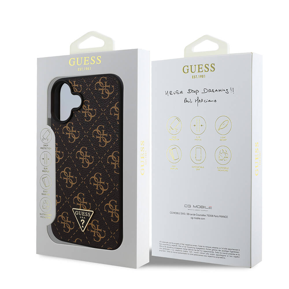 Guess iPhone 16 Plus Orjinal Lisanslı PU Deri 4G Desenli Üçgen Logolu Kılıf