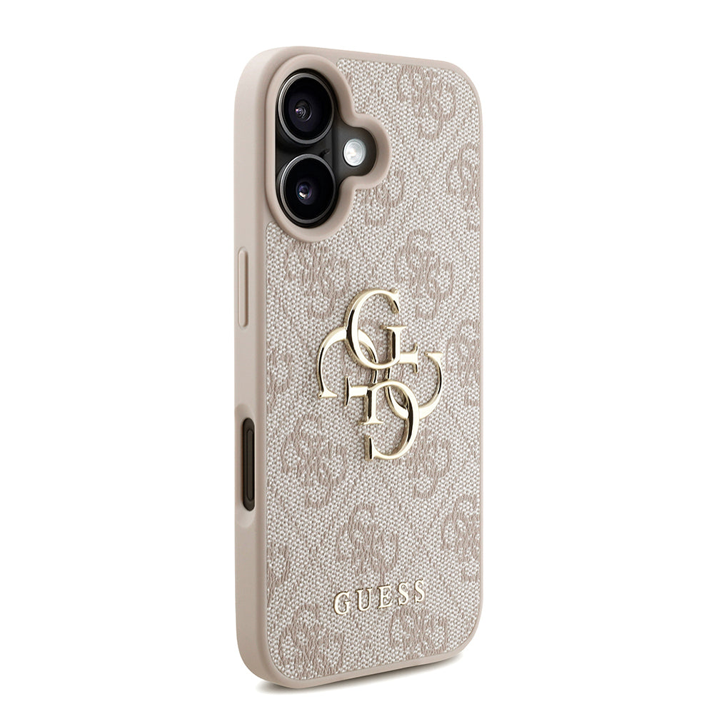 Guess iPhone 16 Plus Orjinal Lisanslı PU Deri Bilek Askı İpli Metal Büyük 4G ve Yazı Logolu Kılıf
