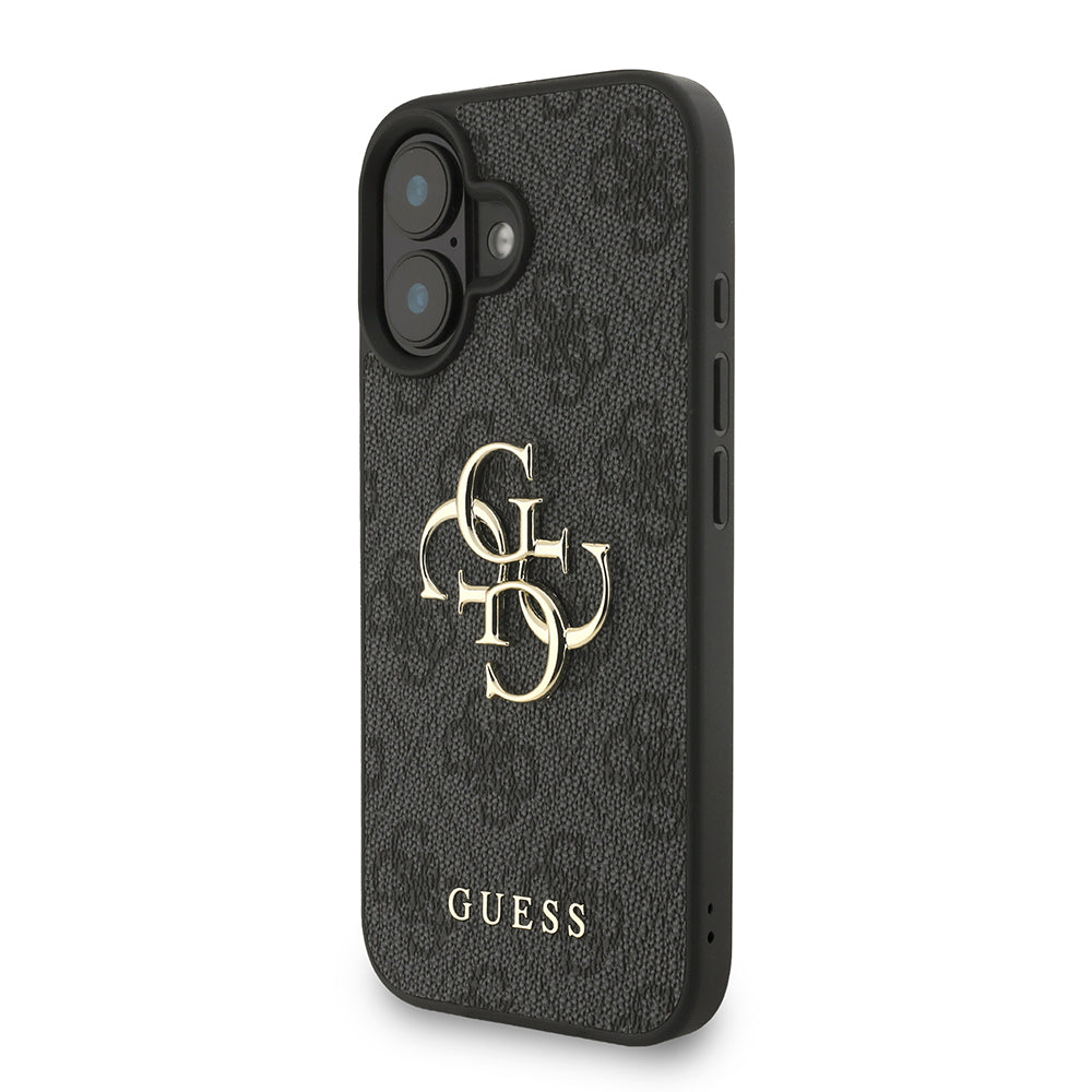 Guess iPhone 16 Plus Orjinal Lisanslı PU Deri Bilek Askı İpli Metal Büyük 4G ve Yazı Logolu Kılıf