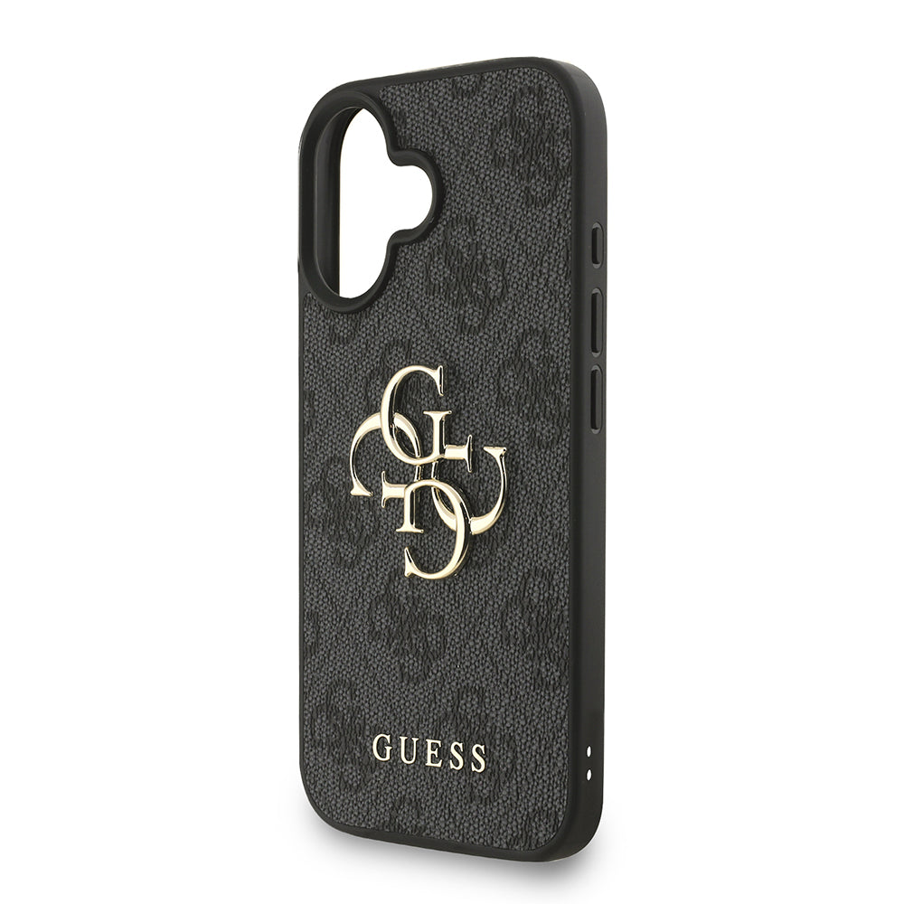 Guess iPhone 16 Plus Orjinal Lisanslı PU Deri Bilek Askı İpli Metal Büyük 4G ve Yazı Logolu Kılıf