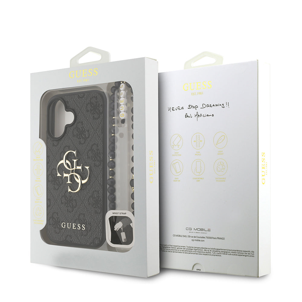 Guess iPhone 16 Plus Orjinal Lisanslı PU Deri Bilek Askı İpli Metal Büyük 4G ve Yazı Logolu Kılıf