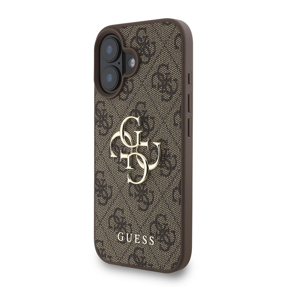 Guess iPhone 16 Plus Orjinal Lisanslı PU Deri Bilek Askı İpli Metal Büyük 4G ve Yazı Logolu Kılıf