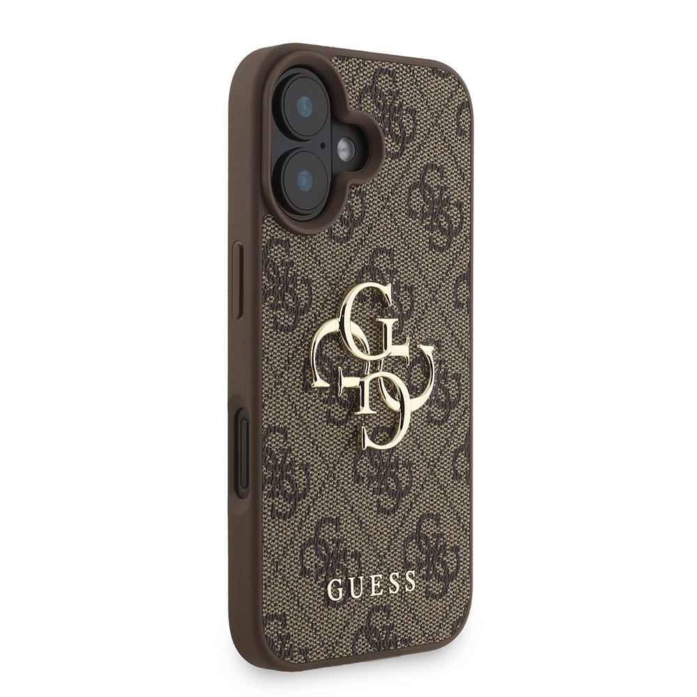 Guess iPhone 16 Plus Orjinal Lisanslı PU Deri Bilek Askı İpli Metal Büyük 4G ve Yazı Logolu Kılıf