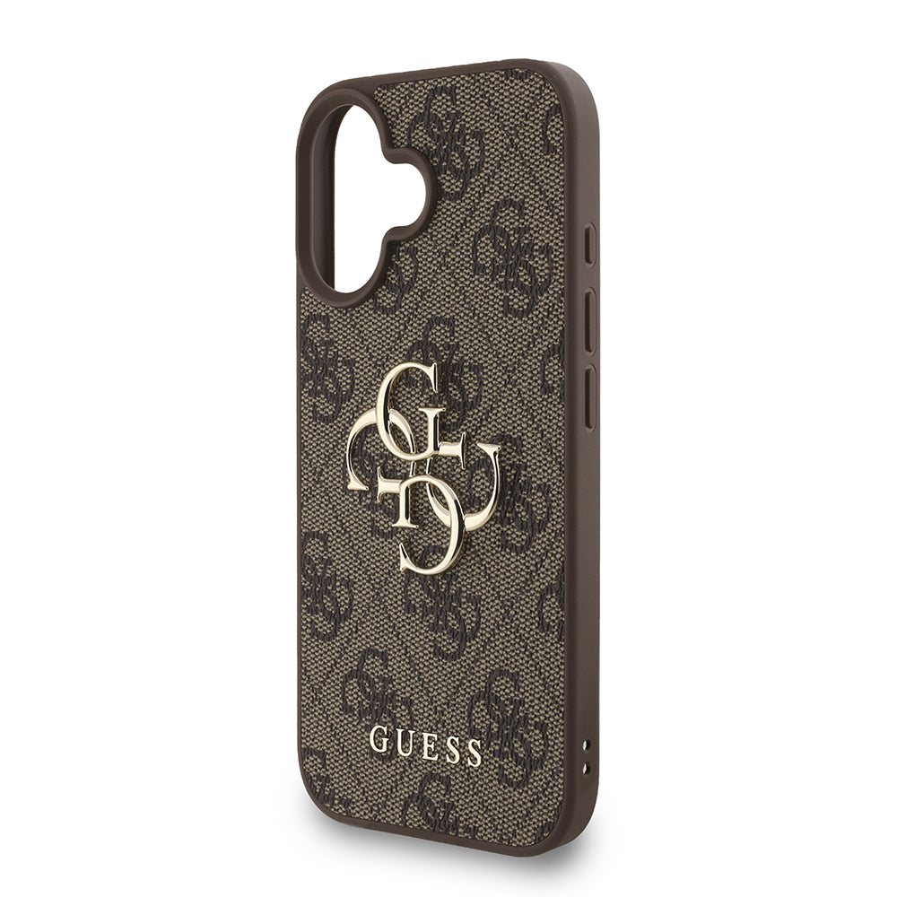Guess iPhone 16 Plus Orjinal Lisanslı PU Deri Bilek Askı İpli Metal Büyük 4G ve Yazı Logolu Kılıf
