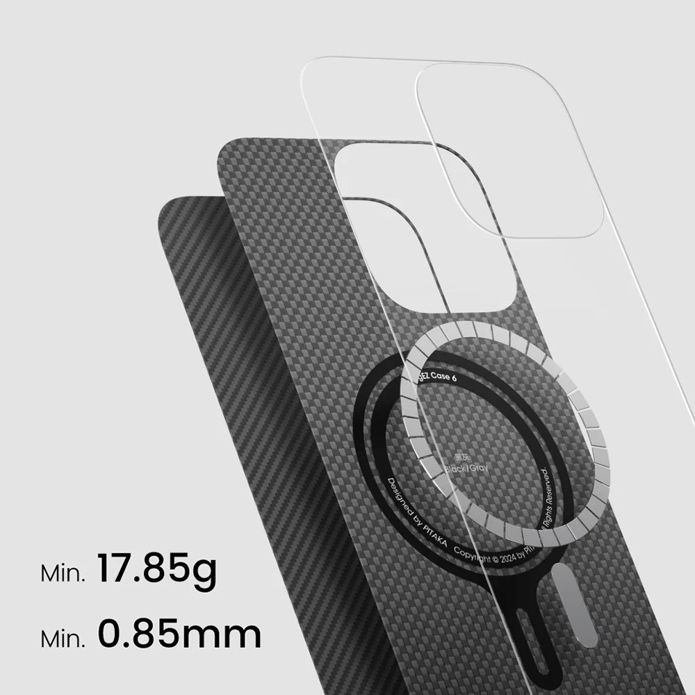 Pitaka Ultra-Slim Classic Serisi iPhone 16 Plus M-safe Şarj Özellikli 600D Aramid Fiber Black-Grey Twill Kılıf