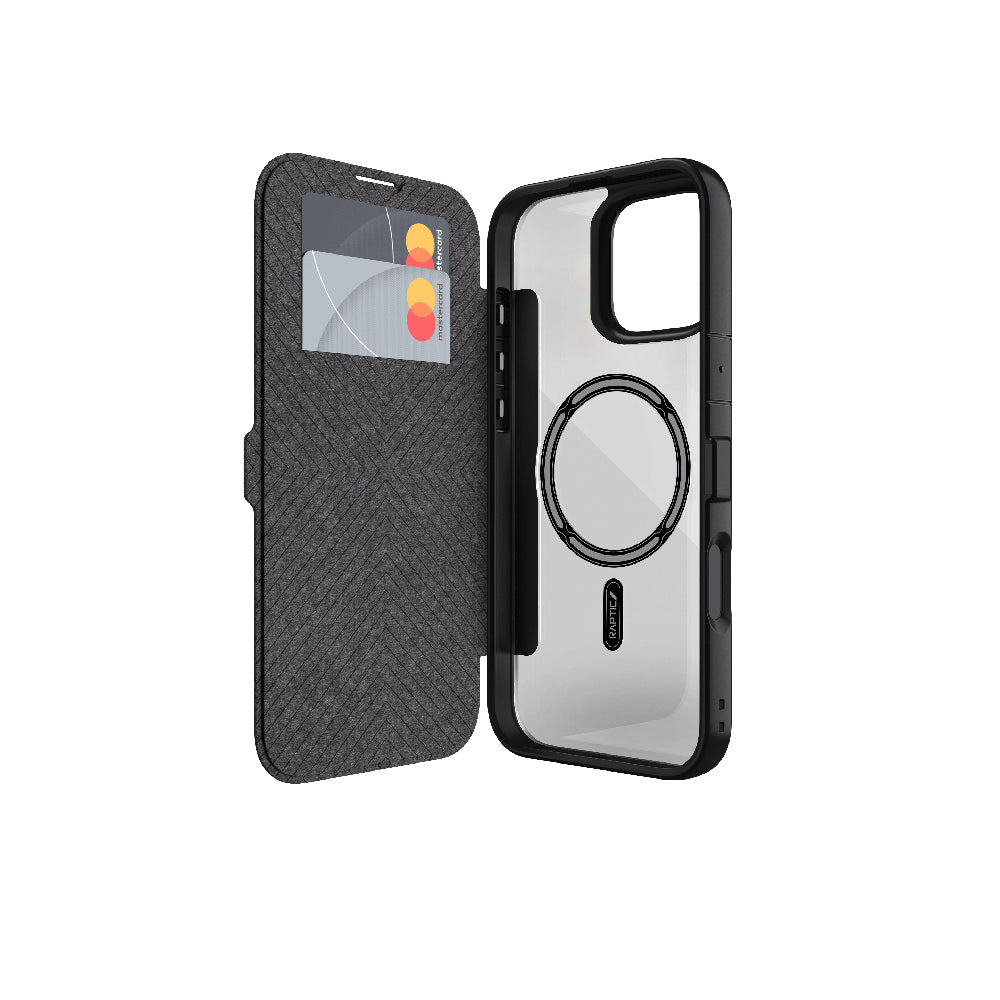 Raptic Urban Folio Serisi iPhone 16 Plus M-safe Şarj Özellikli Vegan Deri Tasarımlı Şeffaf Arka Yüzey Kartlıklı Kılıf