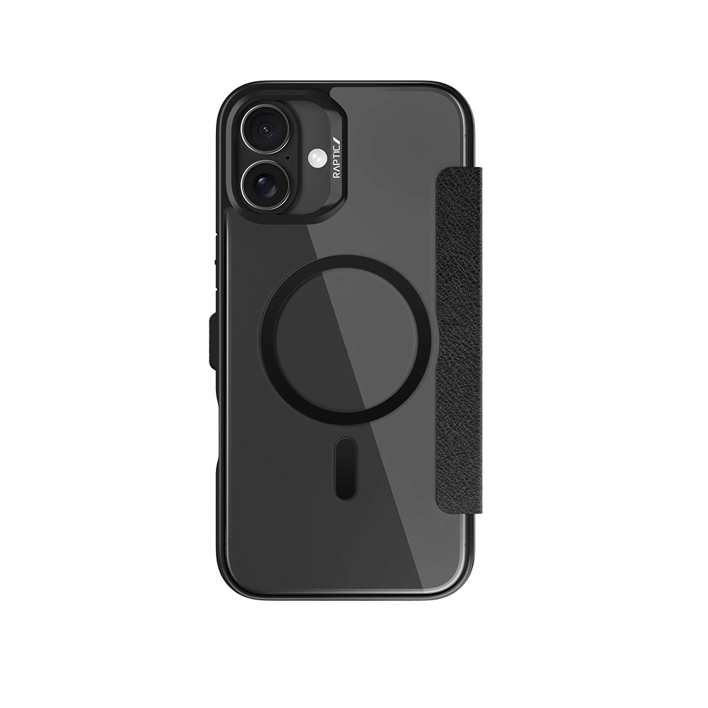 Raptic Urban Folio Serisi iPhone 16 Plus M-safe Şarj Özellikli Vegan Deri Tasarımlı Şeffaf Arka Yüzey Kartlıklı Kılıf