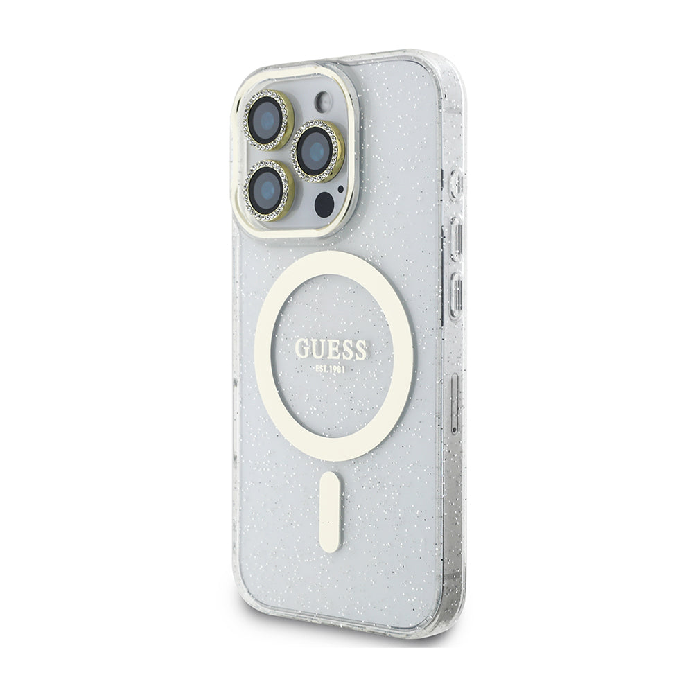 Guess iPhone 16 Pro Orjinal Lisanslı 3'lü Aksesuar Seti IML Baskılı Simli Glitter Kılıf + Ekran Koruyucu + Lens Koruyucu