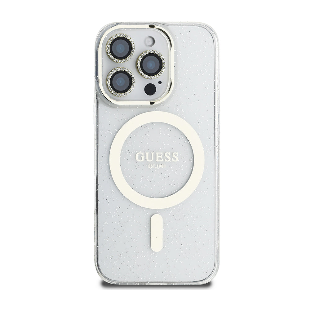 Guess iPhone 16 Pro Orjinal Lisanslı 3'lü Aksesuar Seti IML Baskılı Simli Glitter Kılıf + Ekran Koruyucu + Lens Koruyucu