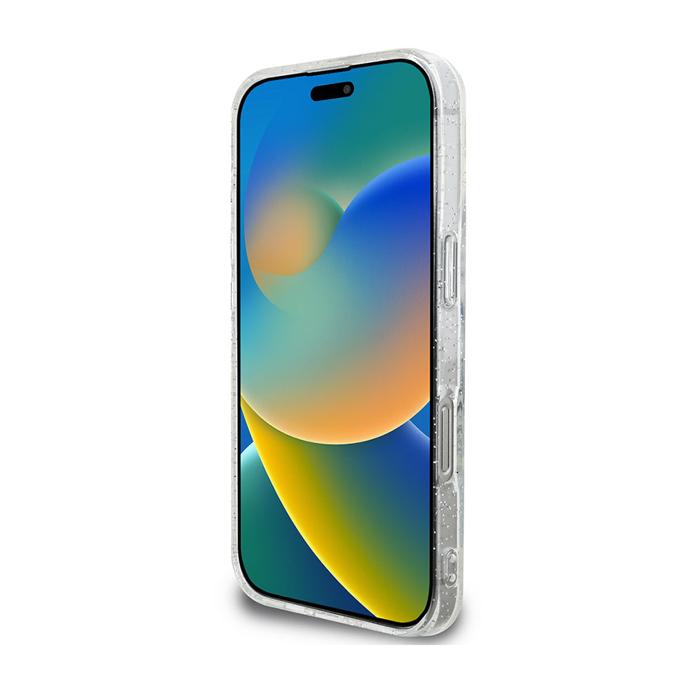 Guess iPhone 16 Pro Orjinal Lisanslı 3'lü Aksesuar Seti IML Baskılı Simli Glitter Kılıf + Ekran Koruyucu + Lens Koruyucu
