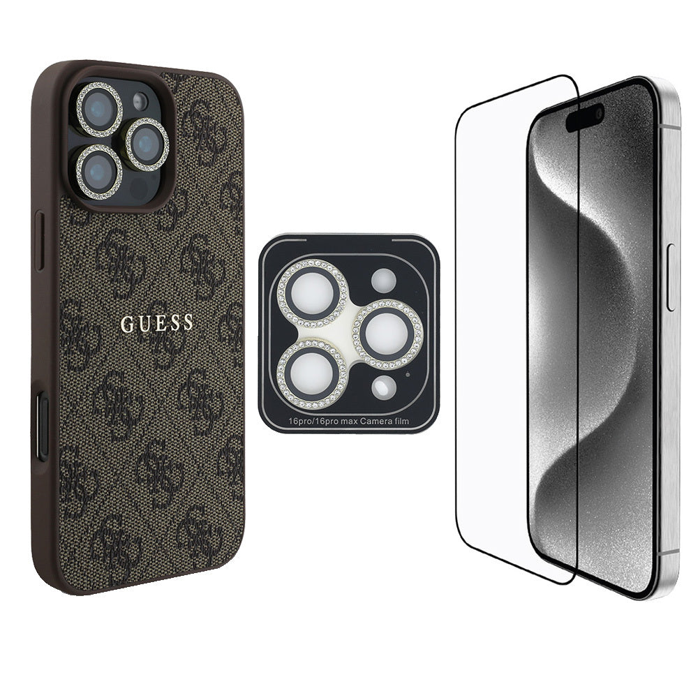 Guess iPhone 16 Pro Orjinal Lisanslı Kılıf + Ekran Koruyucu + Lens Koruyucu 3in1 Aksesuar Seti