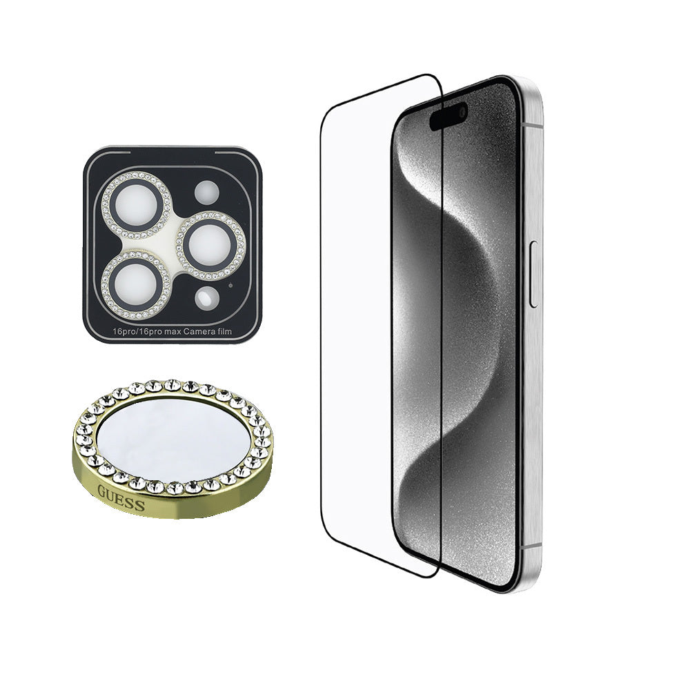 Guess iPhone 16 Pro Orjinal Lisanslı Rhinestone Ekran Koruyucu + Lens Koruyucu 2in1 Aksesuar Seti
