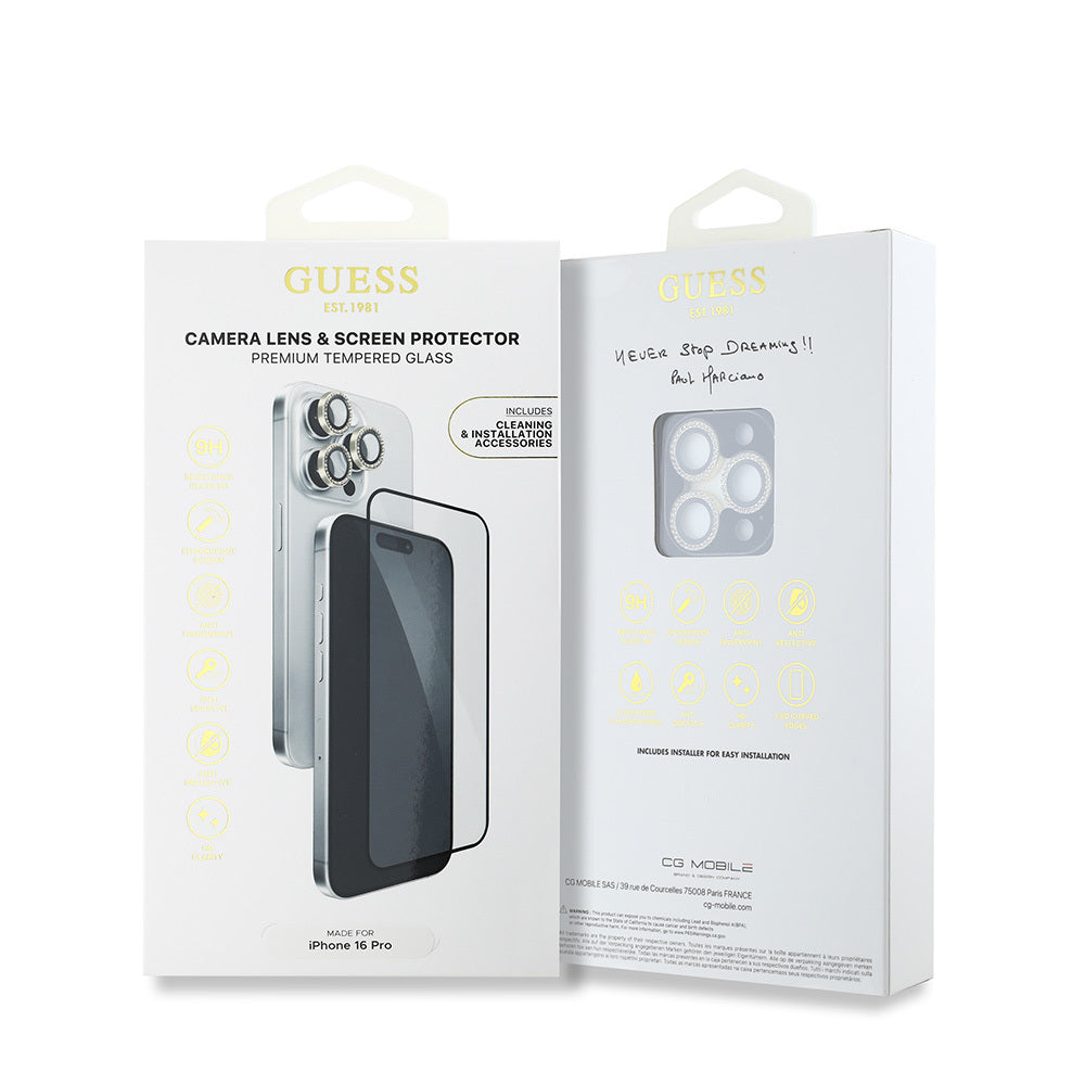 Guess iPhone 16 Pro Orjinal Lisanslı Rhinestone Ekran Koruyucu + Lens Koruyucu 2in1 Aksesuar Seti