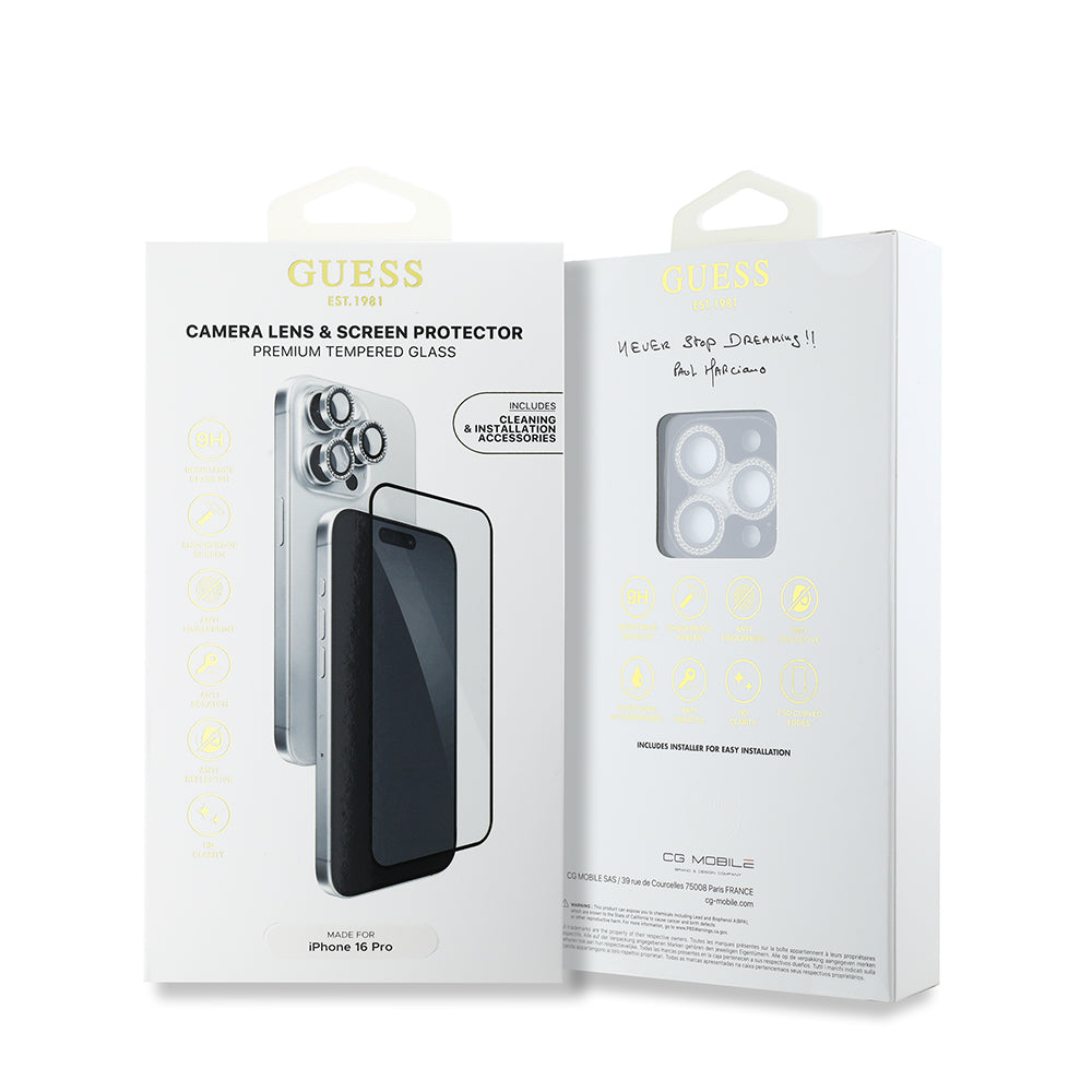 Guess iPhone 16 Pro Orjinal Lisanslı Rhinestone Ekran Koruyucu + Lens Koruyucu 2in1 Aksesuar Seti