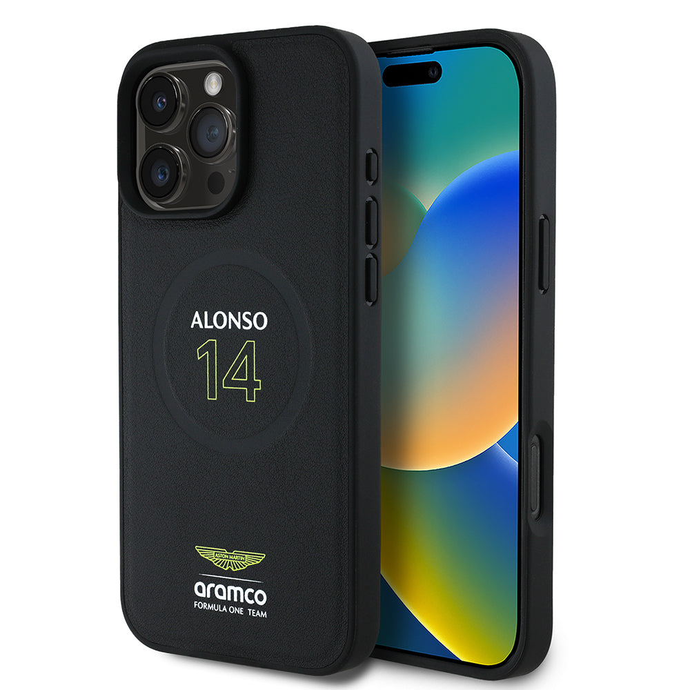 Apple iPhone 16 Pro Aston Martin Orjinal Lisanslı M-safe Şarj Özellikli PU Deri Alonso 14 Baskılı Kılıf