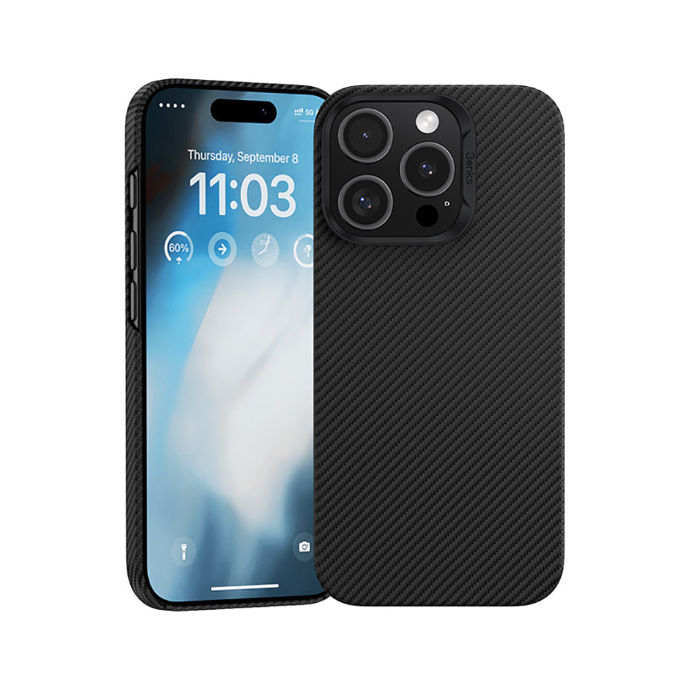 Benks iPhone 16 Pro M-safe Şarj Özellikli Metal Kamera Çerçeveli Magnetik ArmorAir 600D Kevlar Fiber Kılıf