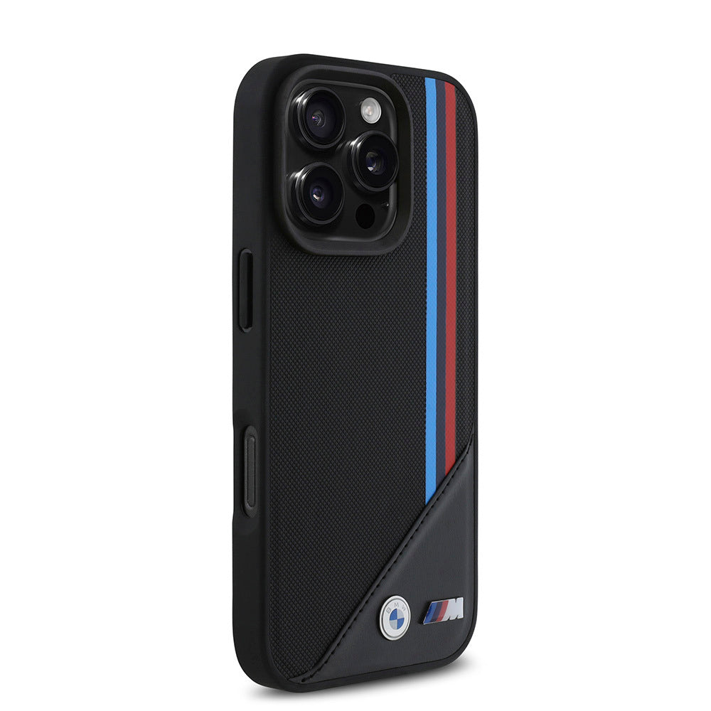 BMW iPhone 16 Pro BMW Orjinal Lisanslı Magsafe M Logolu Üç Çizgili Dikiş Detaylı Meshed Tricolor Stripes Telefon Kılıfı