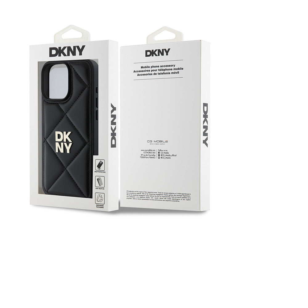 DKNY iPhone 16 Pro Orjinal Lisanslı Kapitone Tasarımlı Metal Logolu Deri Kılıf