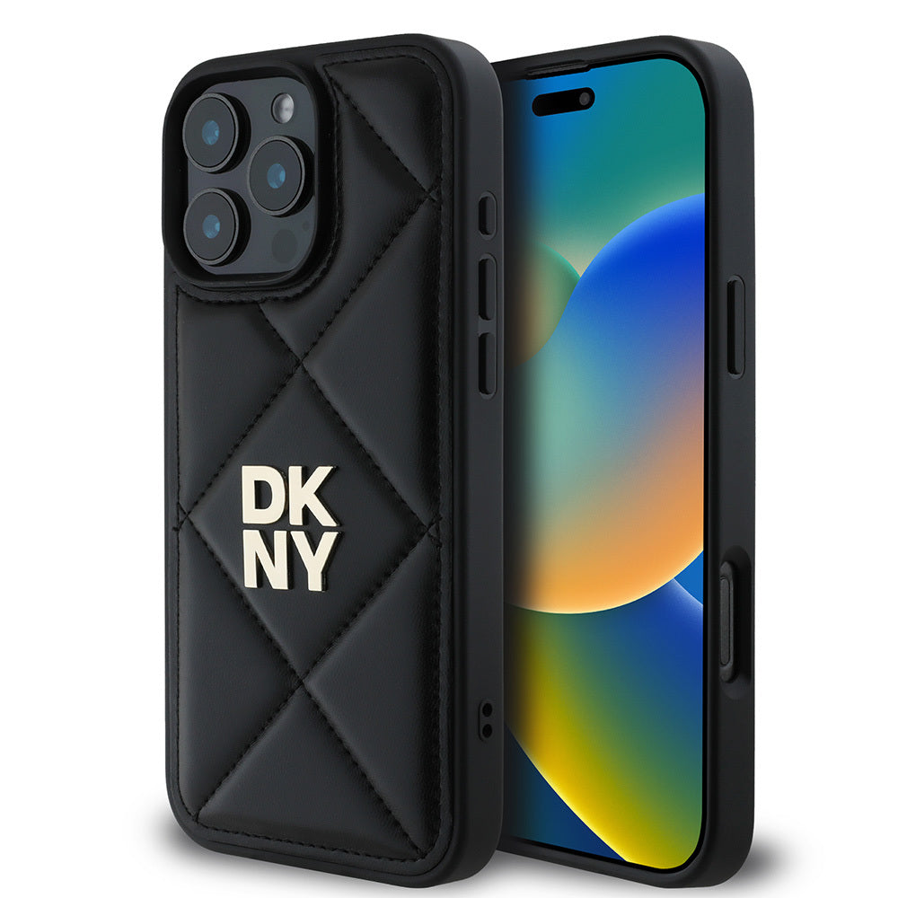 DKNY iPhone 16 Pro Orjinal Lisanslı Kapitone Tasarımlı Metal Logolu Deri Kılıf