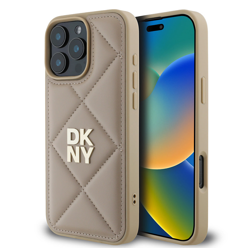 DKNY iPhone 16 Pro Orjinal Lisanslı Kapitone Tasarımlı Metal Logolu Deri Kılıf